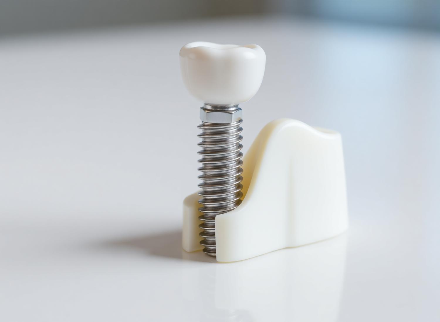 Detailed dental implant model with titanium screw and ceramic crown